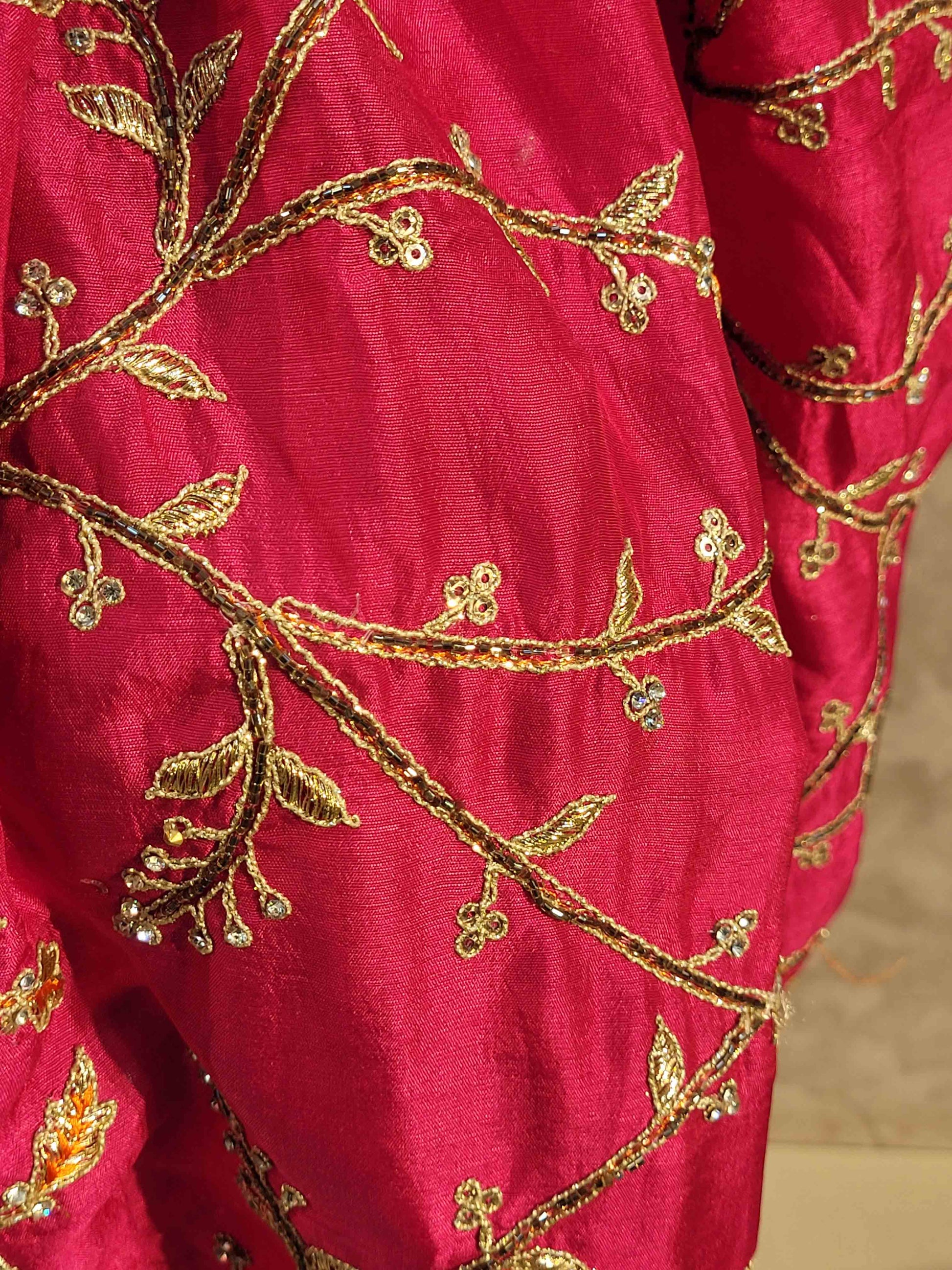 Rani Crepe Wedding Saree with heavy embroidered blouse piece. Zari and Resham work.