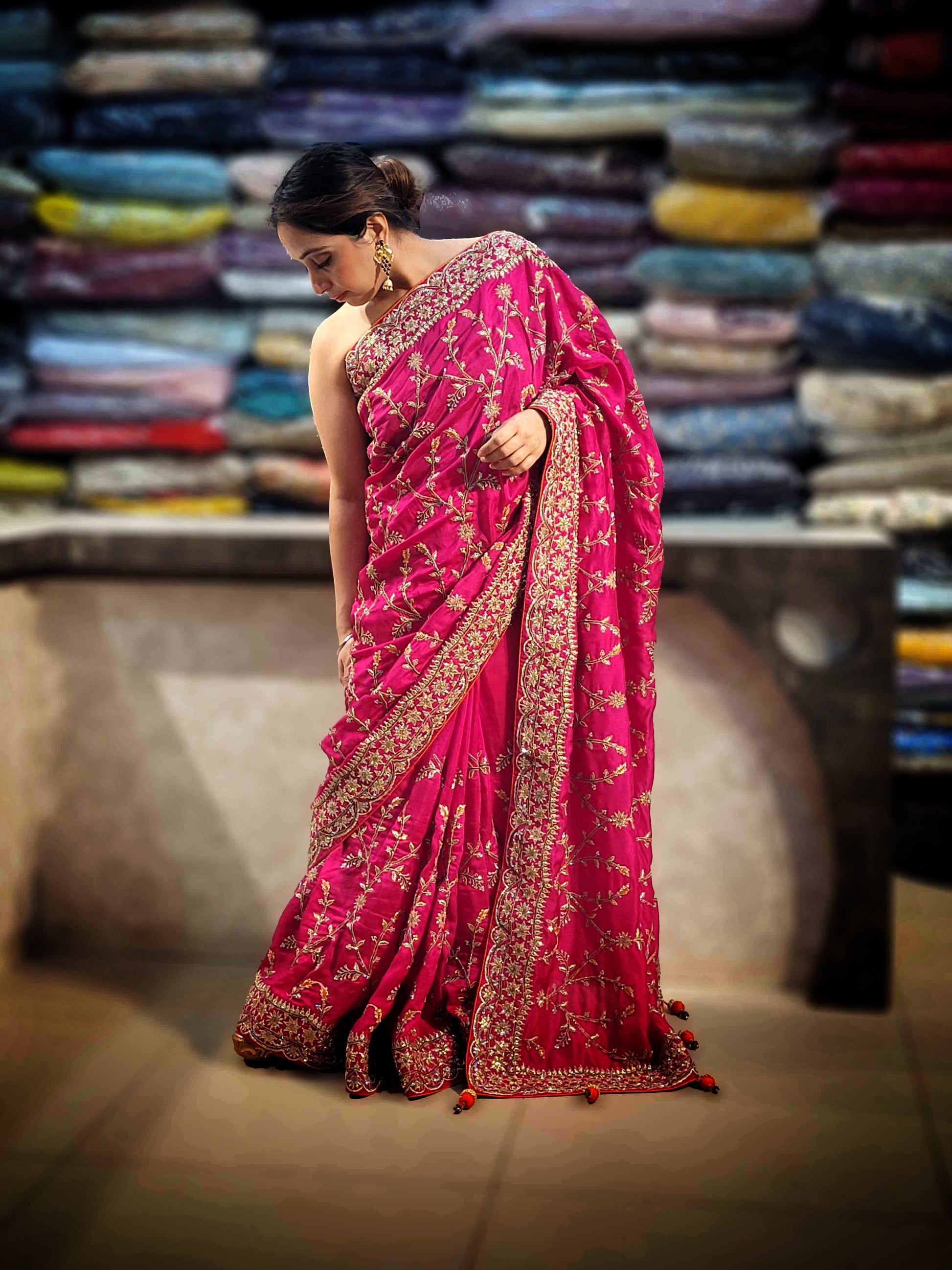 Rani Crepe Wedding Saree with heavy embroidered blouse piece. Zari and Resham work.