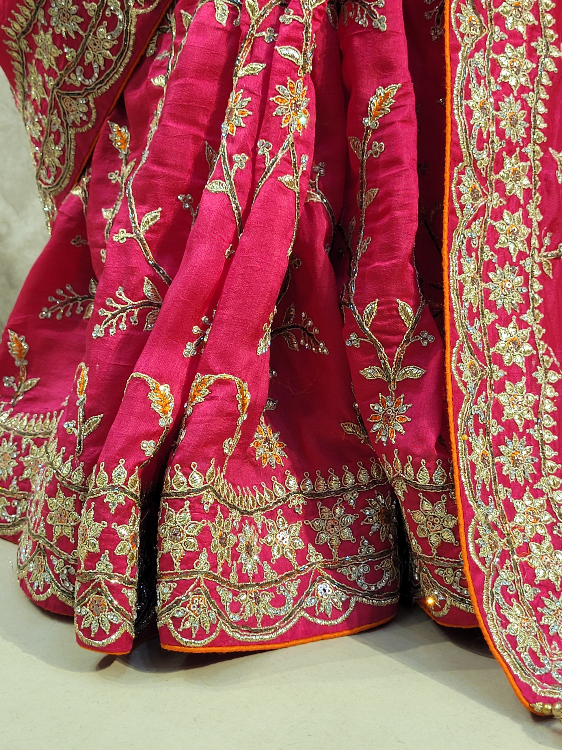 Rani Crepe Wedding Saree with heavy embroidered blouse piece. Zari and Resham work.