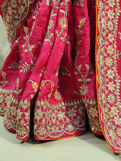 Rani Crepe Wedding Saree with heavy embroidered blouse piece. Zari and Resham work.