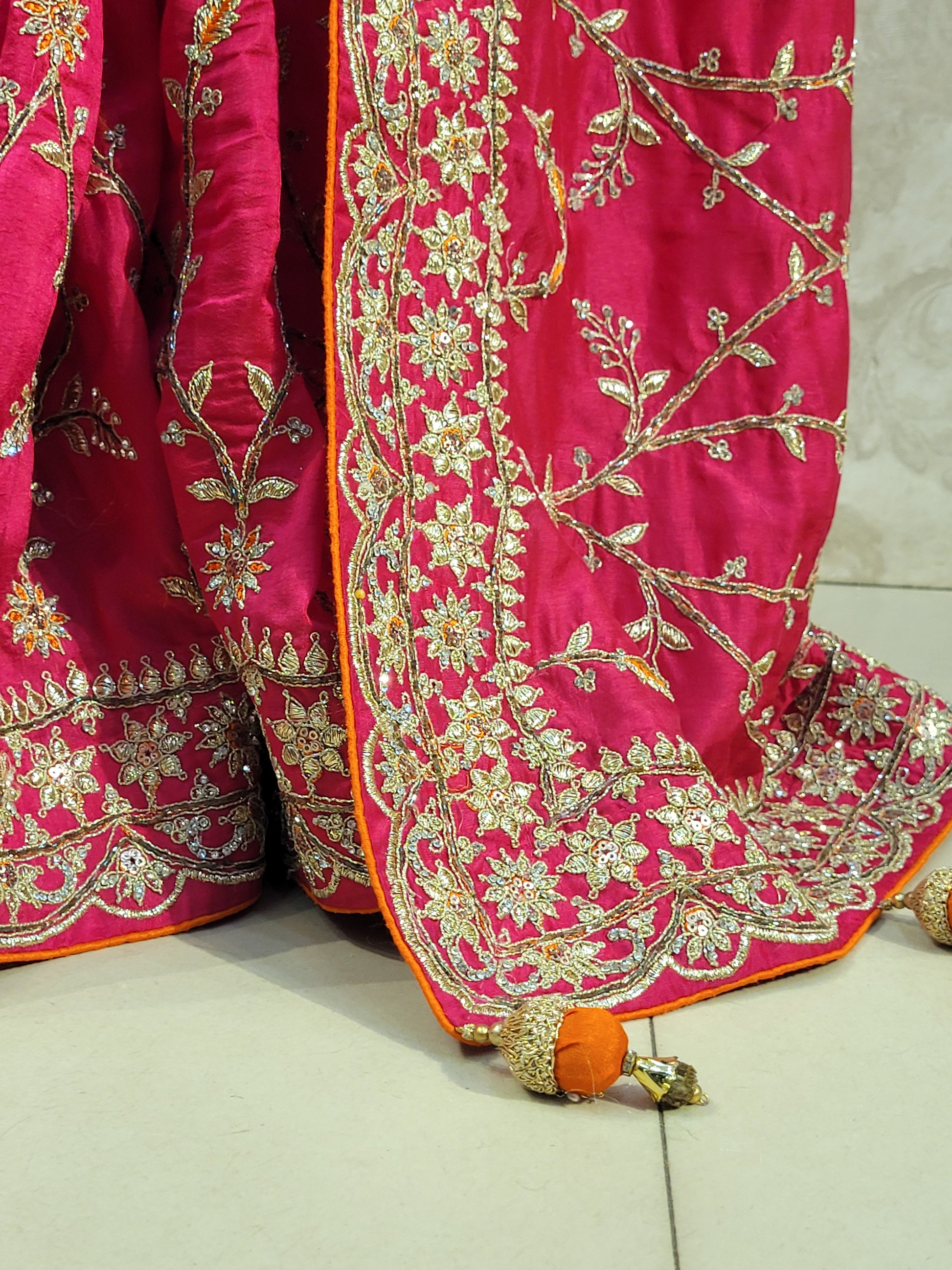 Rani Crepe Wedding Saree with heavy embroidered blouse piece. Zari and Resham work.