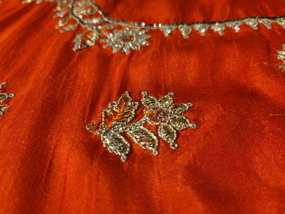 Rani Crepe Wedding Saree with heavy embroidered blouse piece. Zari and Resham work.