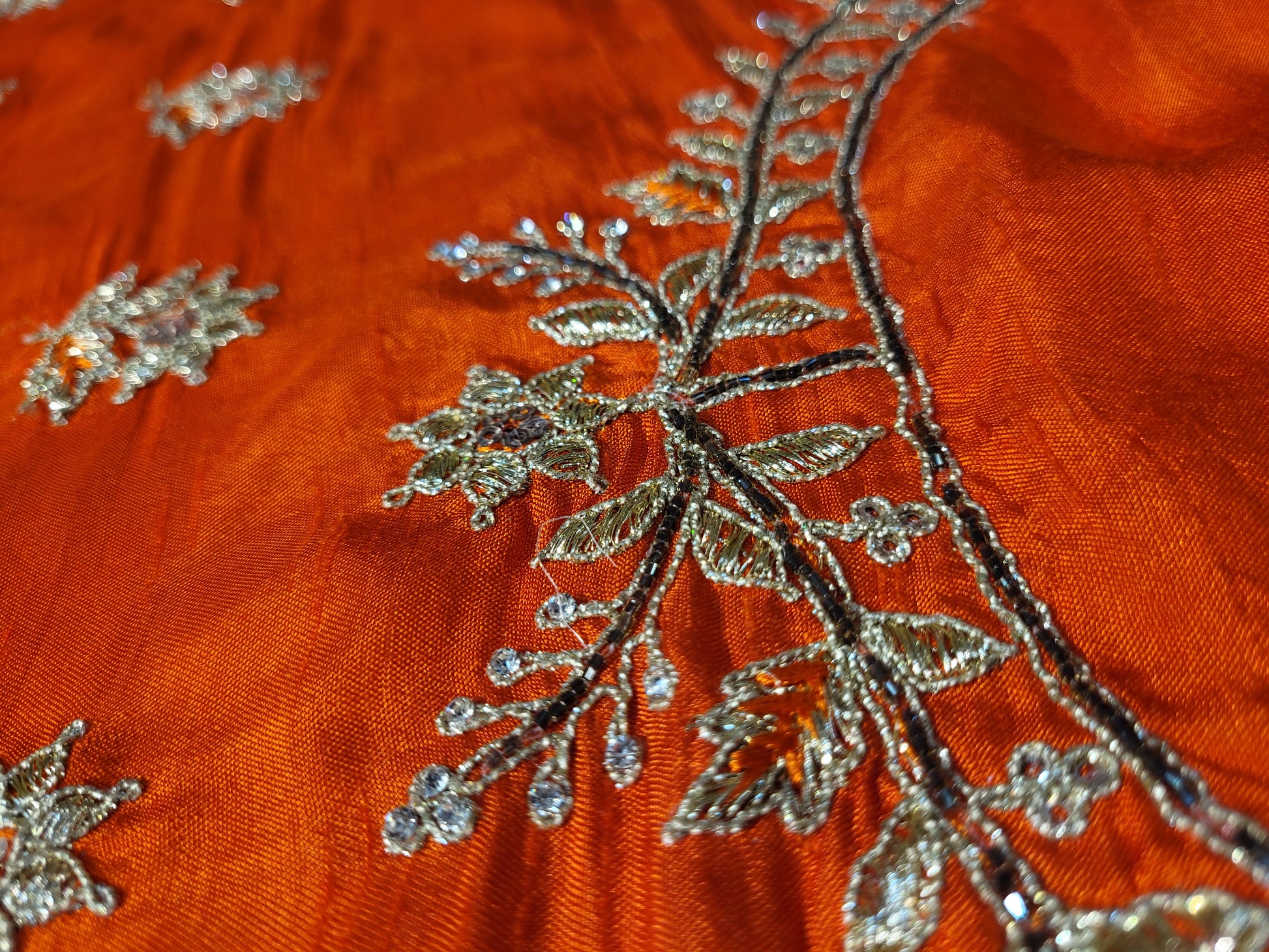 Rani Crepe Wedding Saree with heavy embroidered blouse piece. Zari and Resham work.