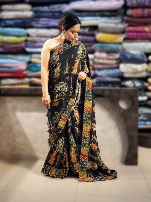 Black Silk Madhubani Print Saree with Katha Stitch Highlighting. Multicolor contrast blouse piece.