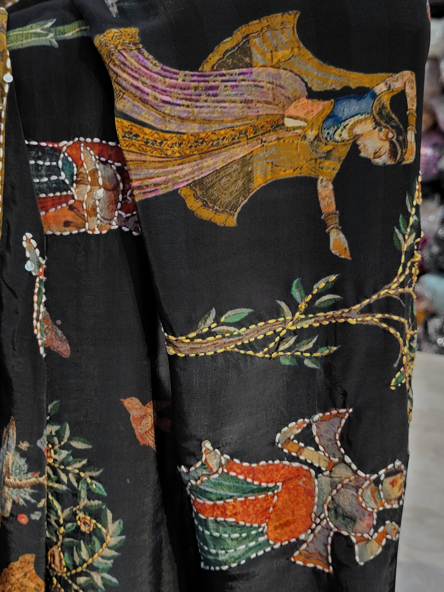 Black Silk Madhubani Print Saree with Katha Stitch Highlighting. Multicolor contrast blouse piece.