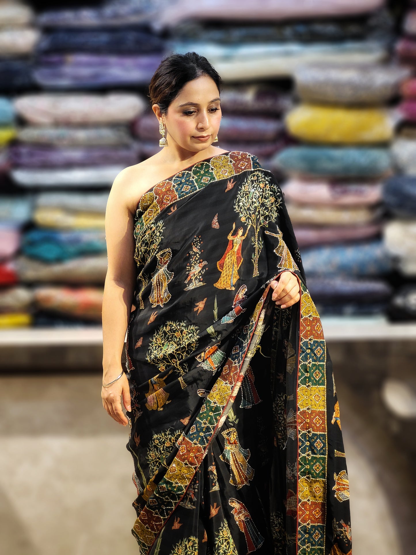 Black Silk Madhubani Print Saree with Katha Stitch Highlighting. Multicolor contrast blouse piece.