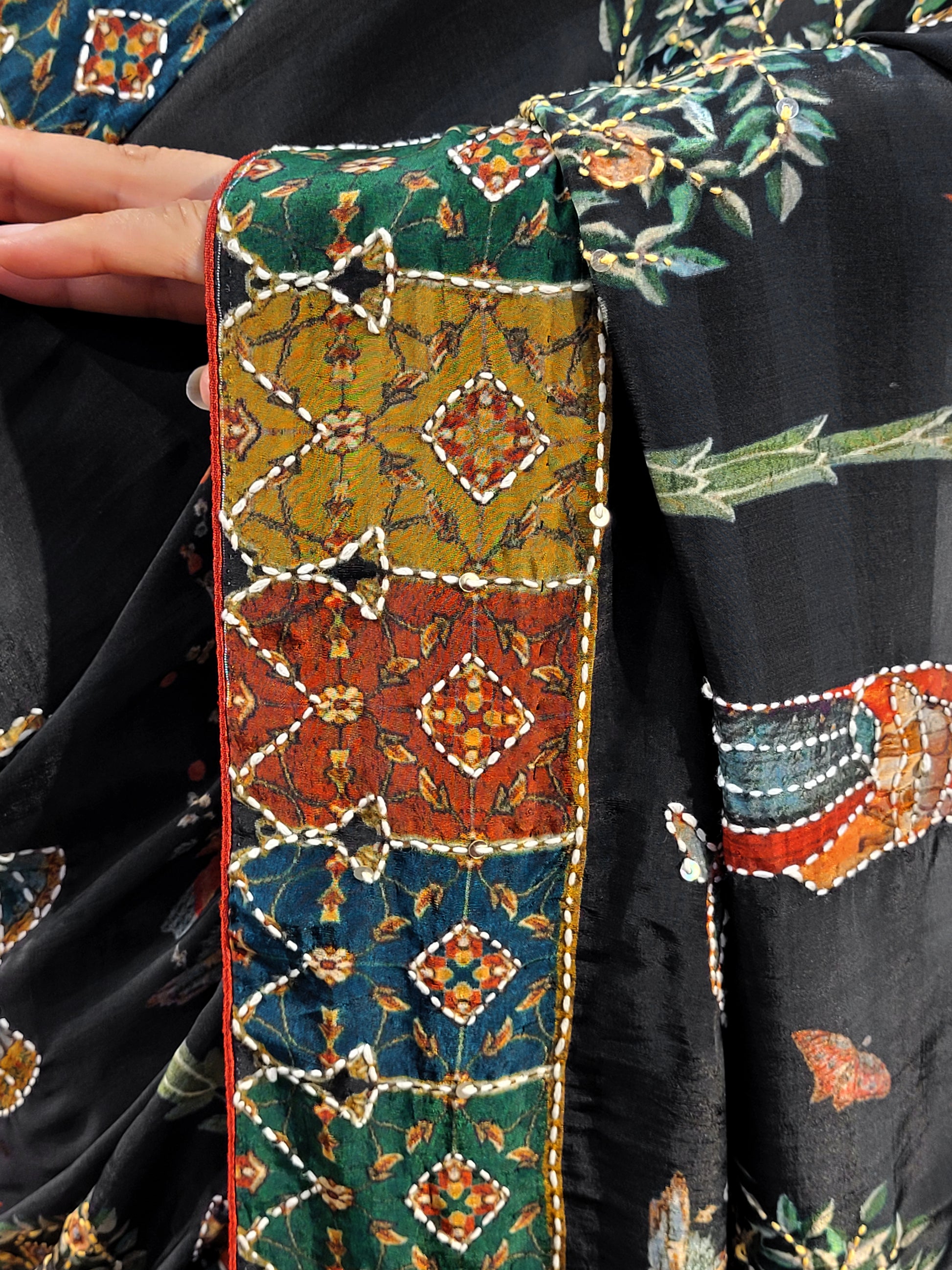 Black Silk Madhubani Print Saree with Katha Stitch Highlighting. Multicolor contrast blouse piece.