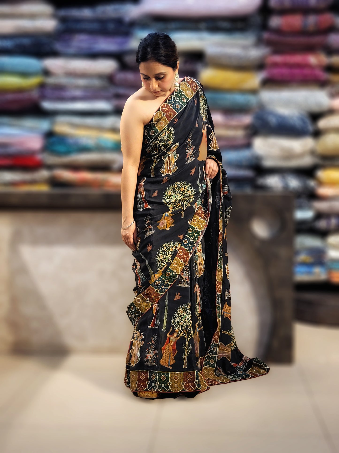 Black Silk Madhubani Print Saree with Katha Stitch Highlighting. Multicolor contrast blouse piece.