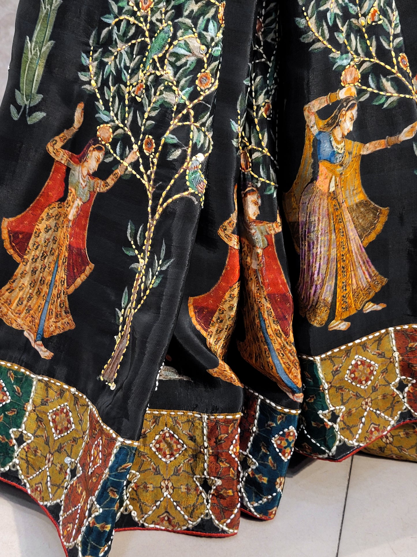 Black Silk Madhubani Print Saree with Katha Stitch Highlighting. Multicolor contrast blouse piece.