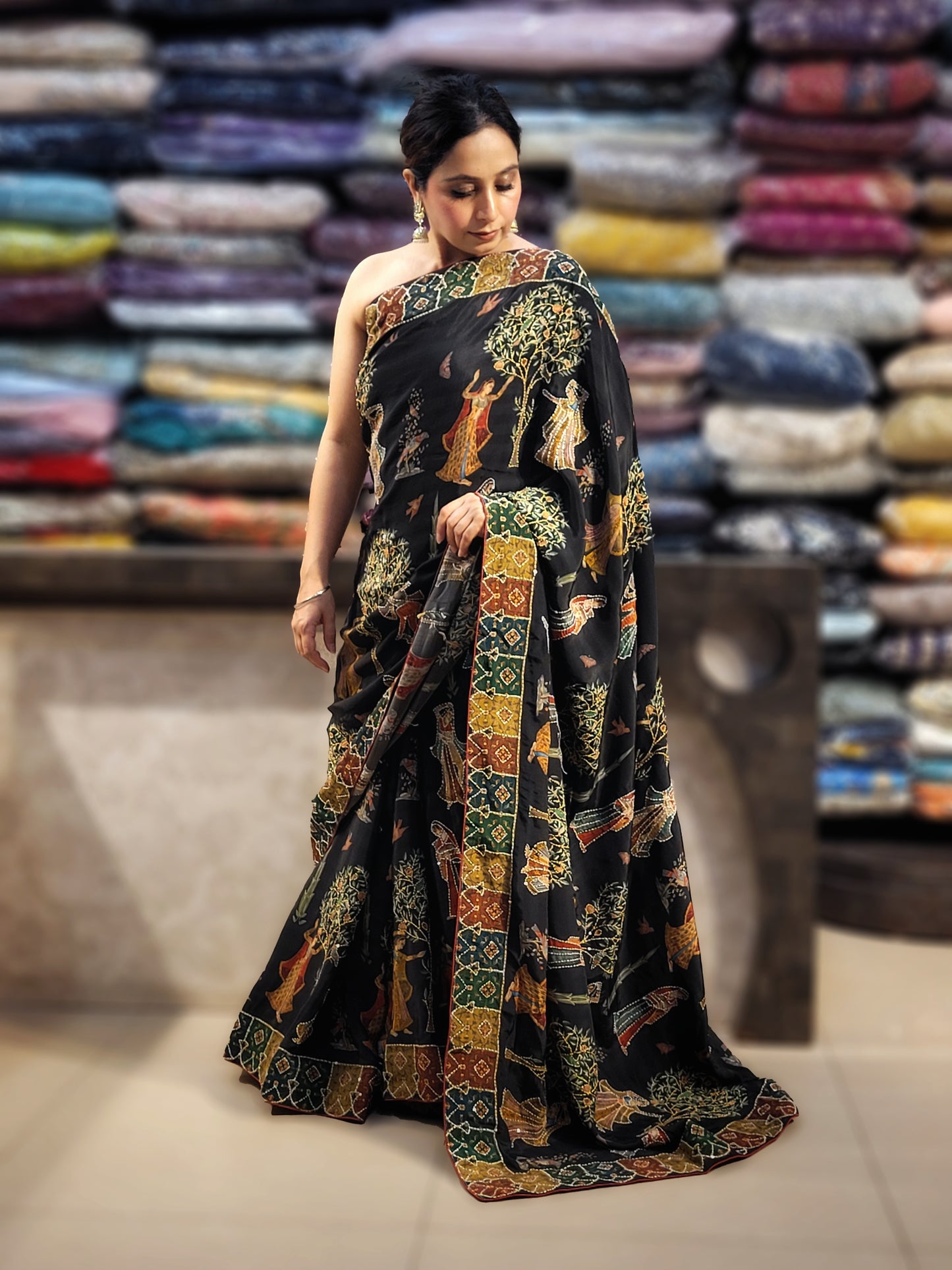 Black Silk Madhubani Print Saree with Katha Stitch Highlighting. Multicolor contrast blouse piece.