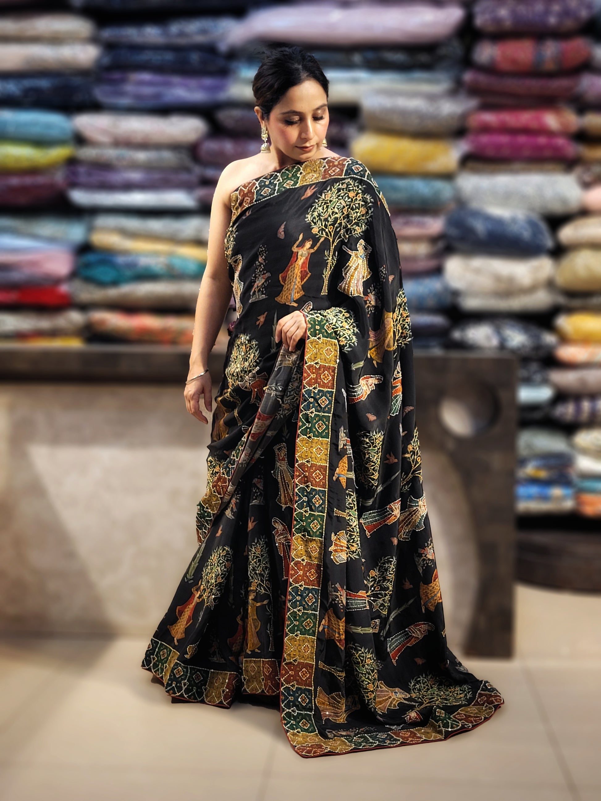 Black Silk Madhubani Print Saree with Katha Stitch Highlighting. Multicolor contrast blouse piece.