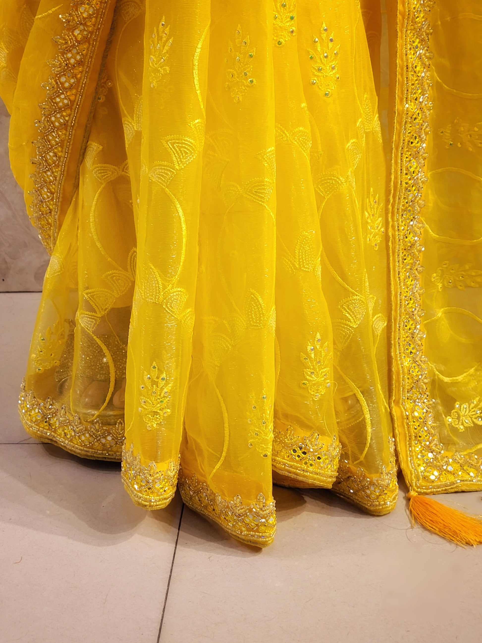 Yellow Chiffon Saree with Resham, Beads, Sequins and Mirror Work.