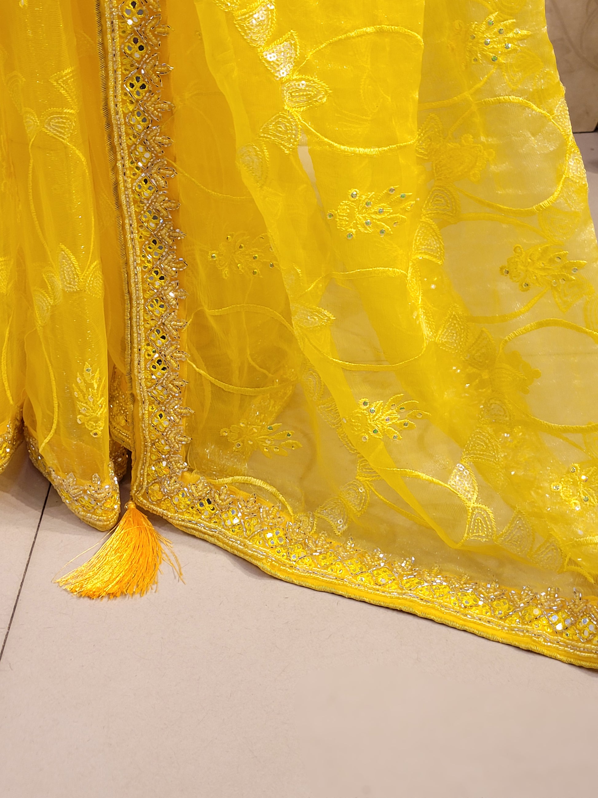 Yellow Chiffon Saree with Resham, Beads, Sequins and Mirror Work.