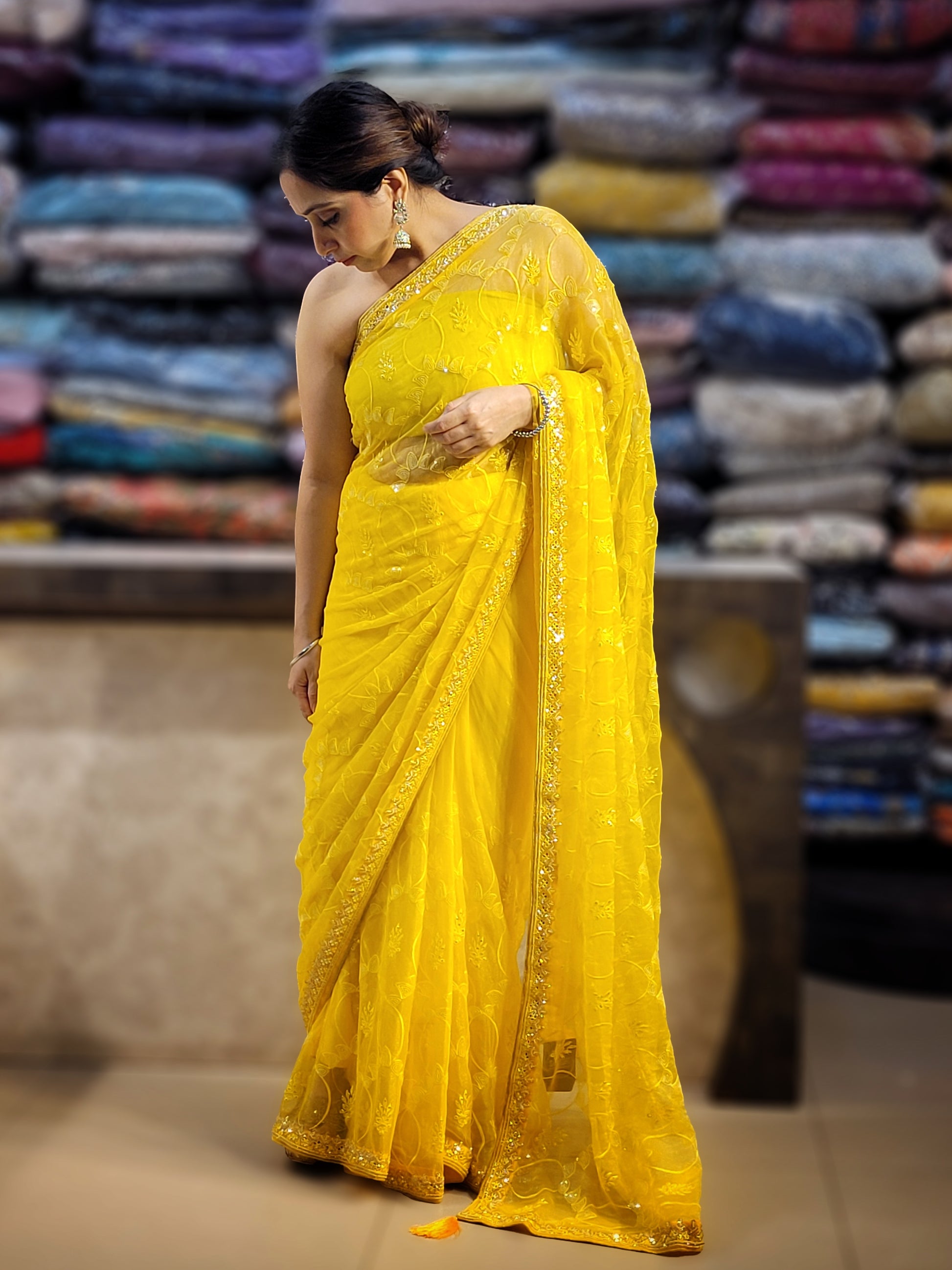 Yellow Chiffon Saree with Resham, Beads, Sequins and Mirror Work.