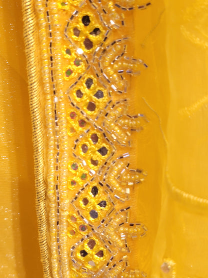 Yellow Chiffon Saree with Resham, Beads, Sequins and Mirror Work.