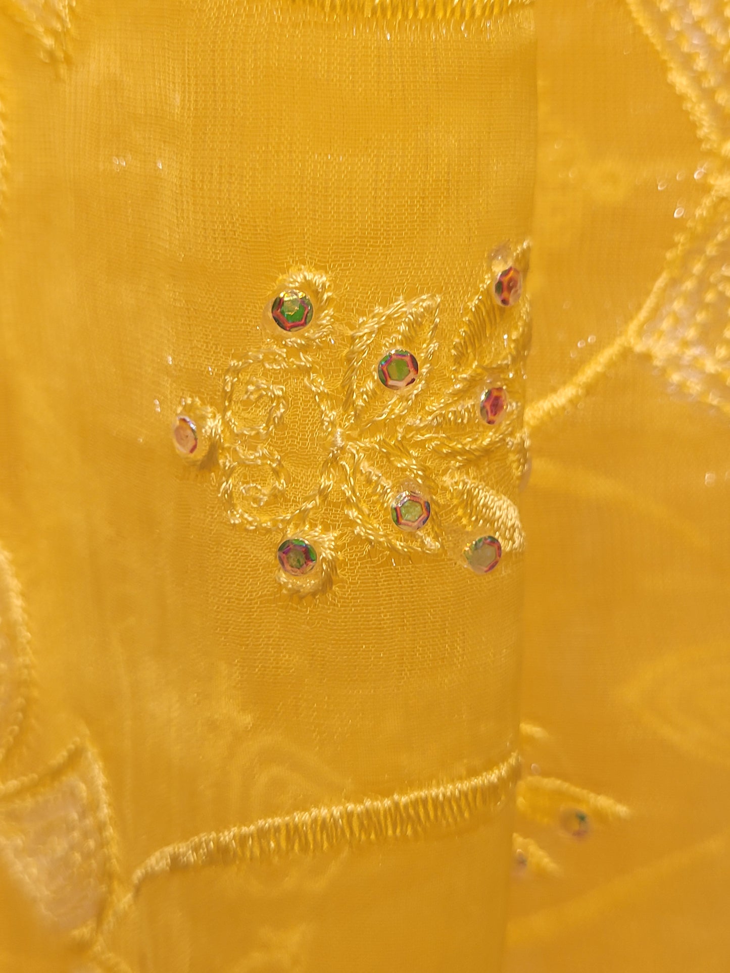 Yellow Chiffon Saree with Resham, Beads, Sequins and Mirror Work.