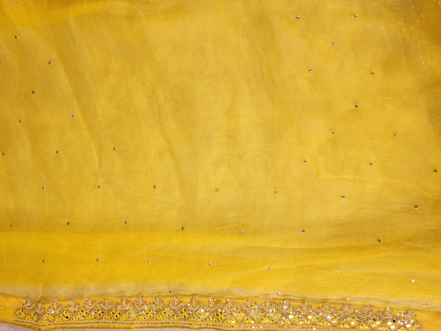 Yellow Chiffon Saree with Resham, Beads, Sequins and Mirror Work.