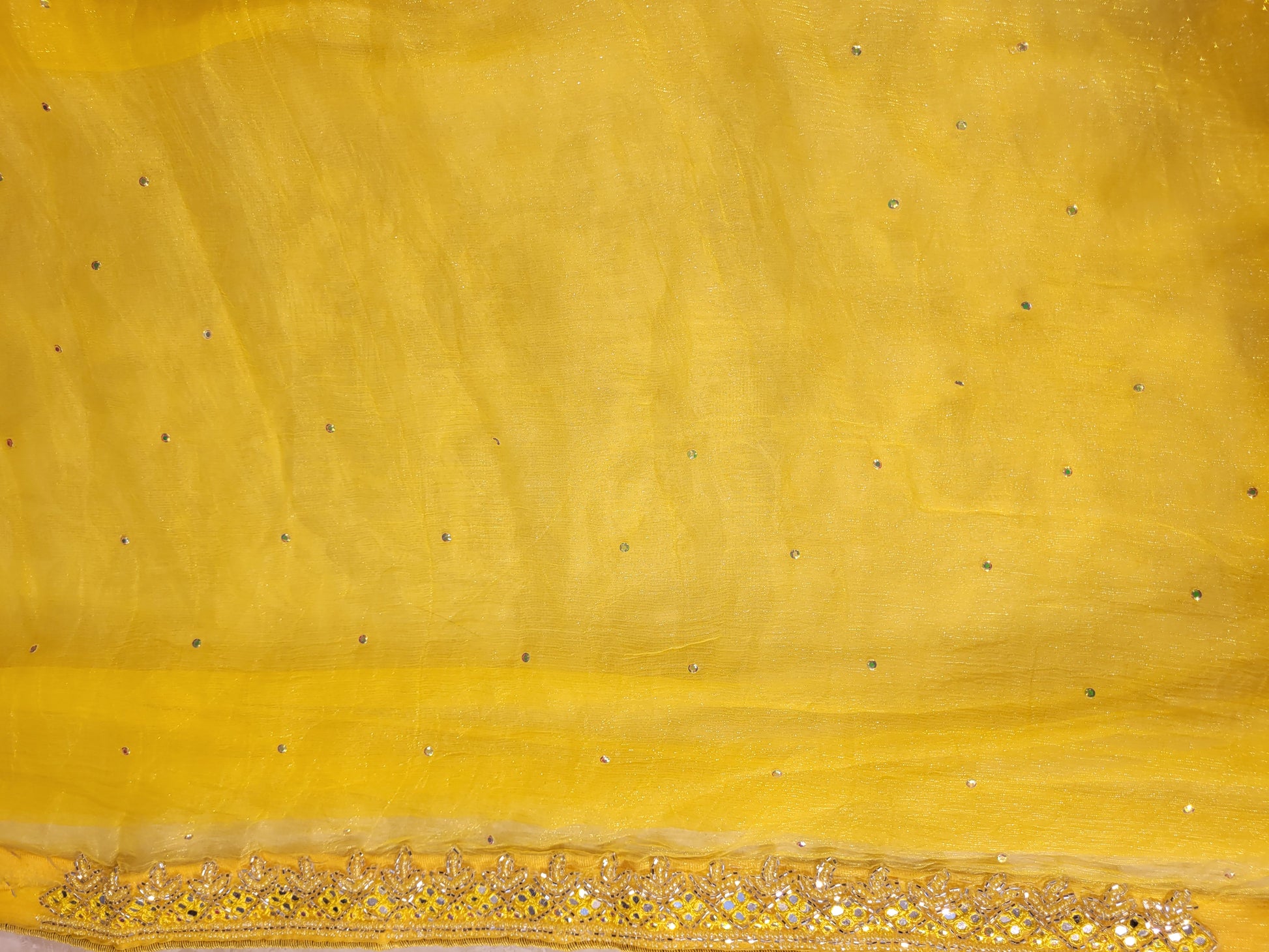 Yellow Chiffon Saree with Resham, Beads, Sequins and Mirror Work.