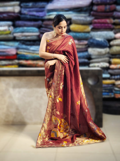 Rust Maroon Tissue Crepe Multicolor Weave Saree. Matching Unstitched Blouse Piece included.