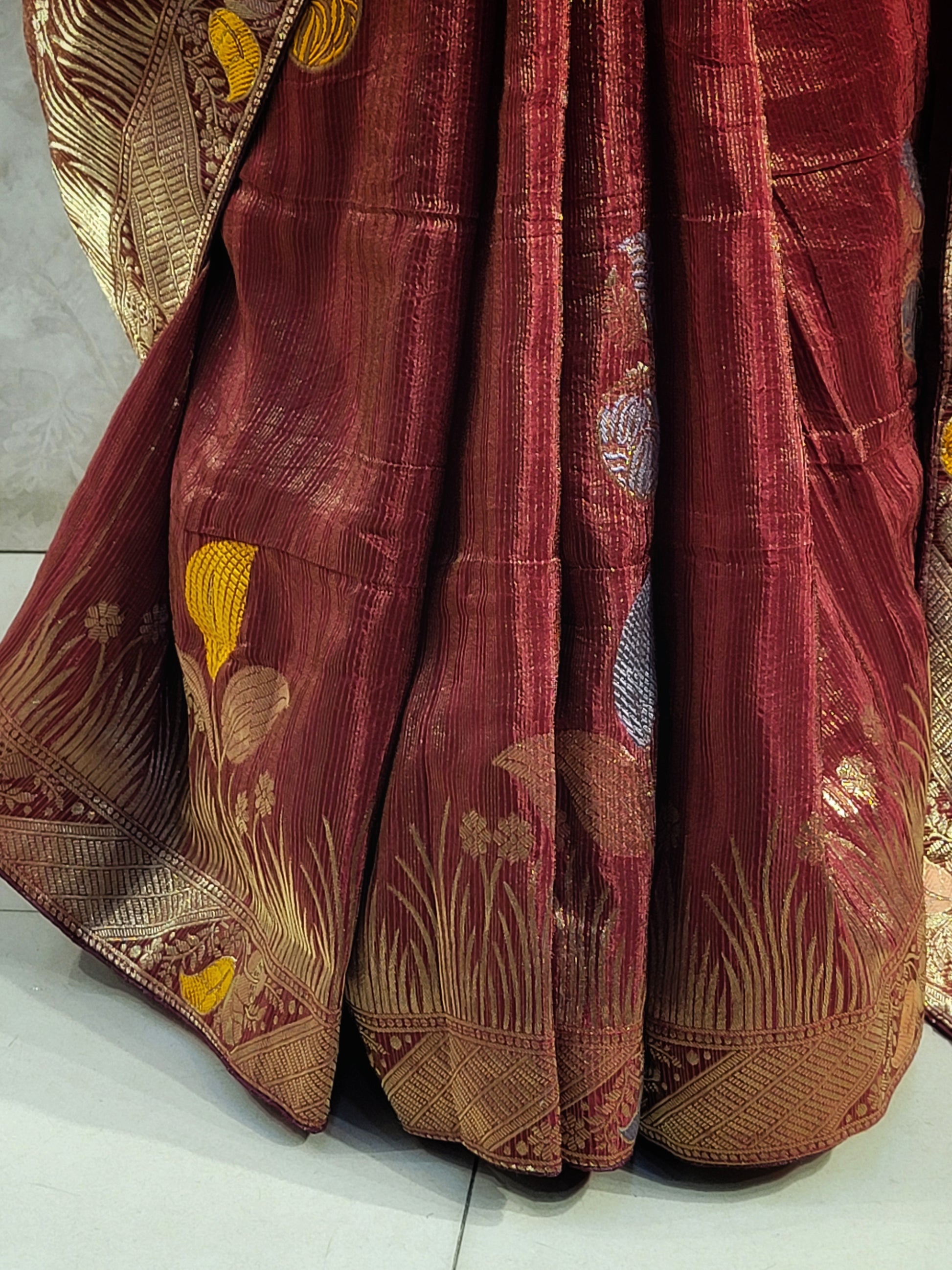 Rust Maroon Tissue Crepe Multicolor Weave Saree. Matching Unstitched Blouse Piece included.
