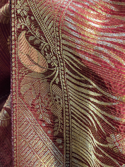 Rust Maroon Tissue Crepe Multicolor Weave Saree. Matching Unstitched Blouse Piece included.