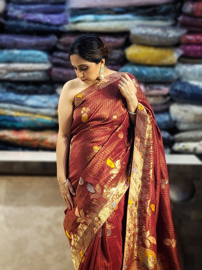 Rust Maroon Tissue Crepe Multicolor Weave Saree. Matching Unstitched Blouse Piece included.