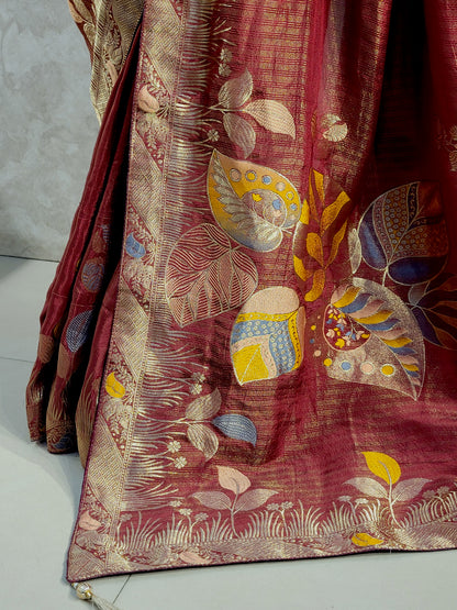 Rust Maroon Tissue Crepe Multicolor Weave Saree. Matching Unstitched Blouse Piece included.
