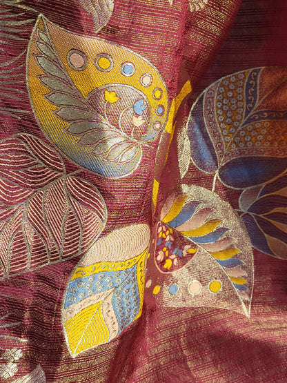 Rust Maroon Tissue Crepe Multicolor Weave Saree. Matching Unstitched Blouse Piece included.