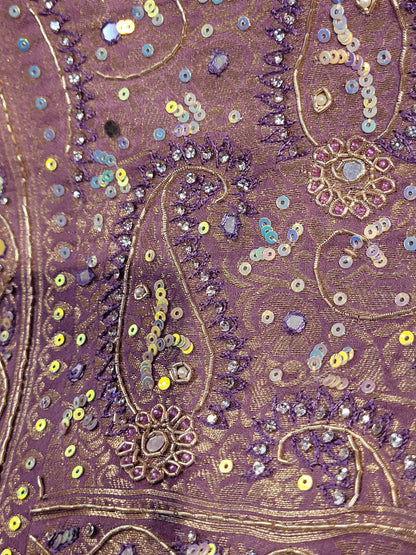 Shimmer Tissue Lavender Handwork Saree. Weaves highlighted with handwork using Dabka, Sequins, Mirror and Resham. Unstitched Blouse Piece included.