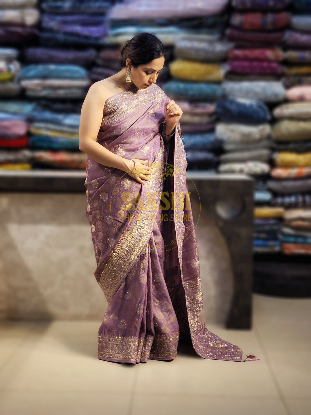 Shimmer Tissue Lavender Handwork Saree