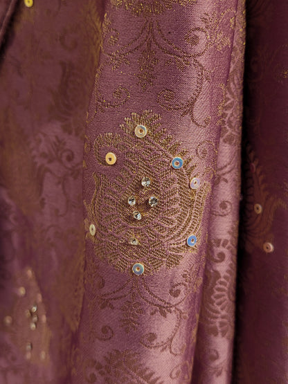 Shimmer Tissue Lavender Handwork Saree. Weaves highlighted with handwork using Dabka, Sequins, Mirror and Resham. Unstitched Blouse Piece included.