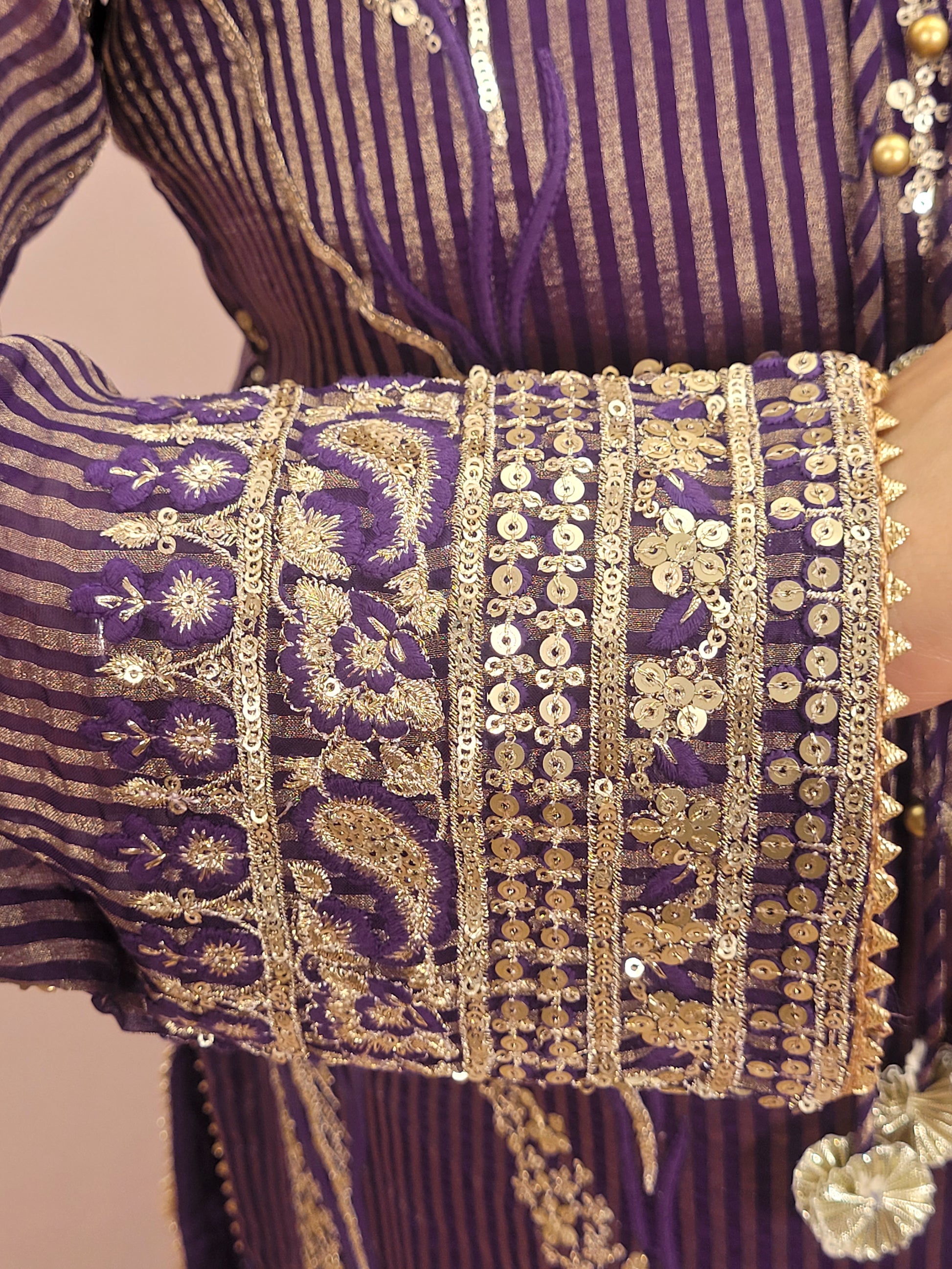 Purple Silk Sharara Suit. Zari, Resham and Sequins work on woven fabric.