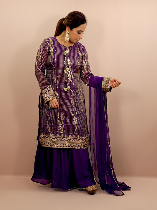Purple Silk Sharara Suit. Zari, Resham and Sequins work on woven fabric.