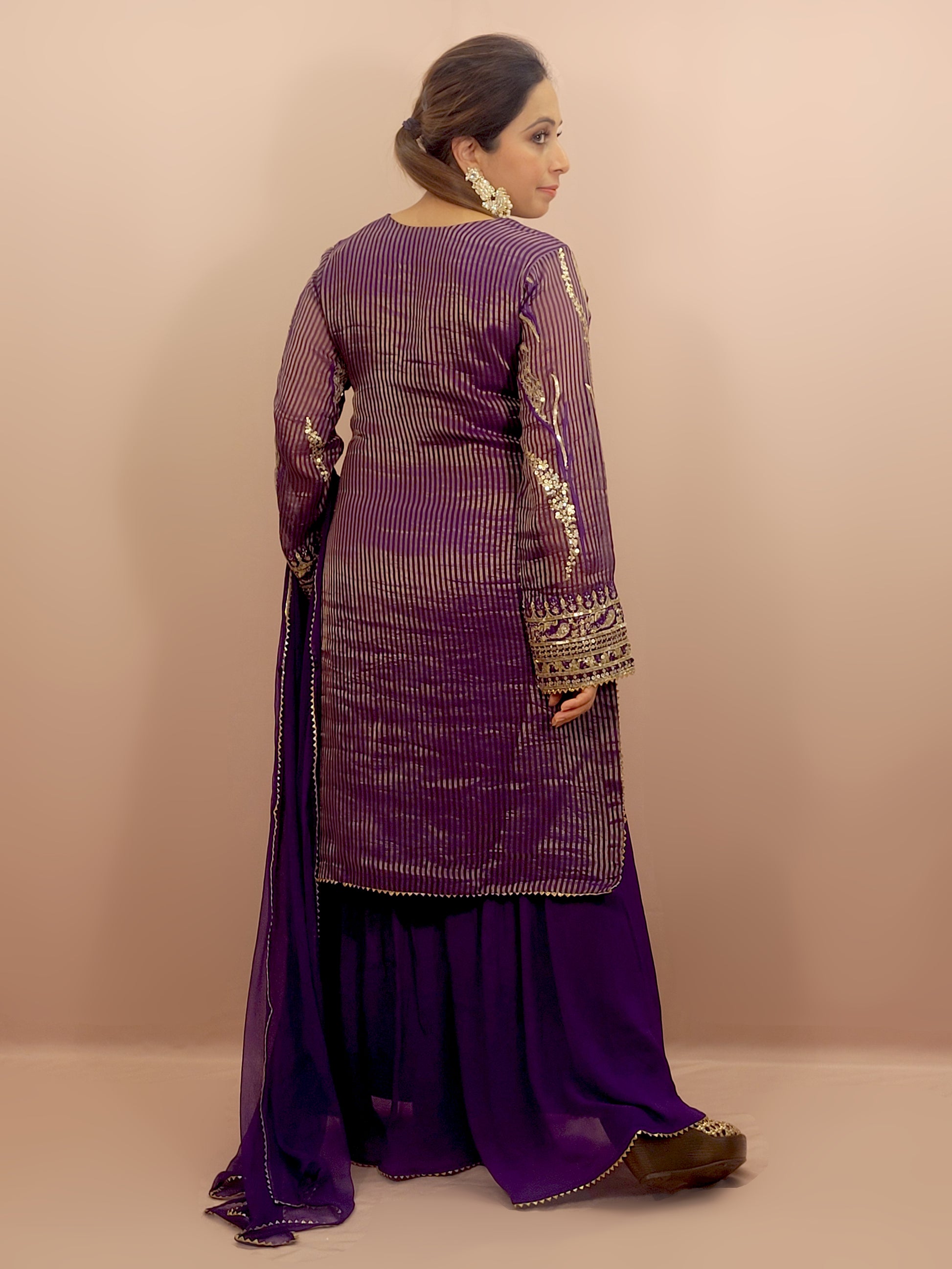 Purple Silk Sharara Suit. Zari, Resham and Sequins work on woven fabric.