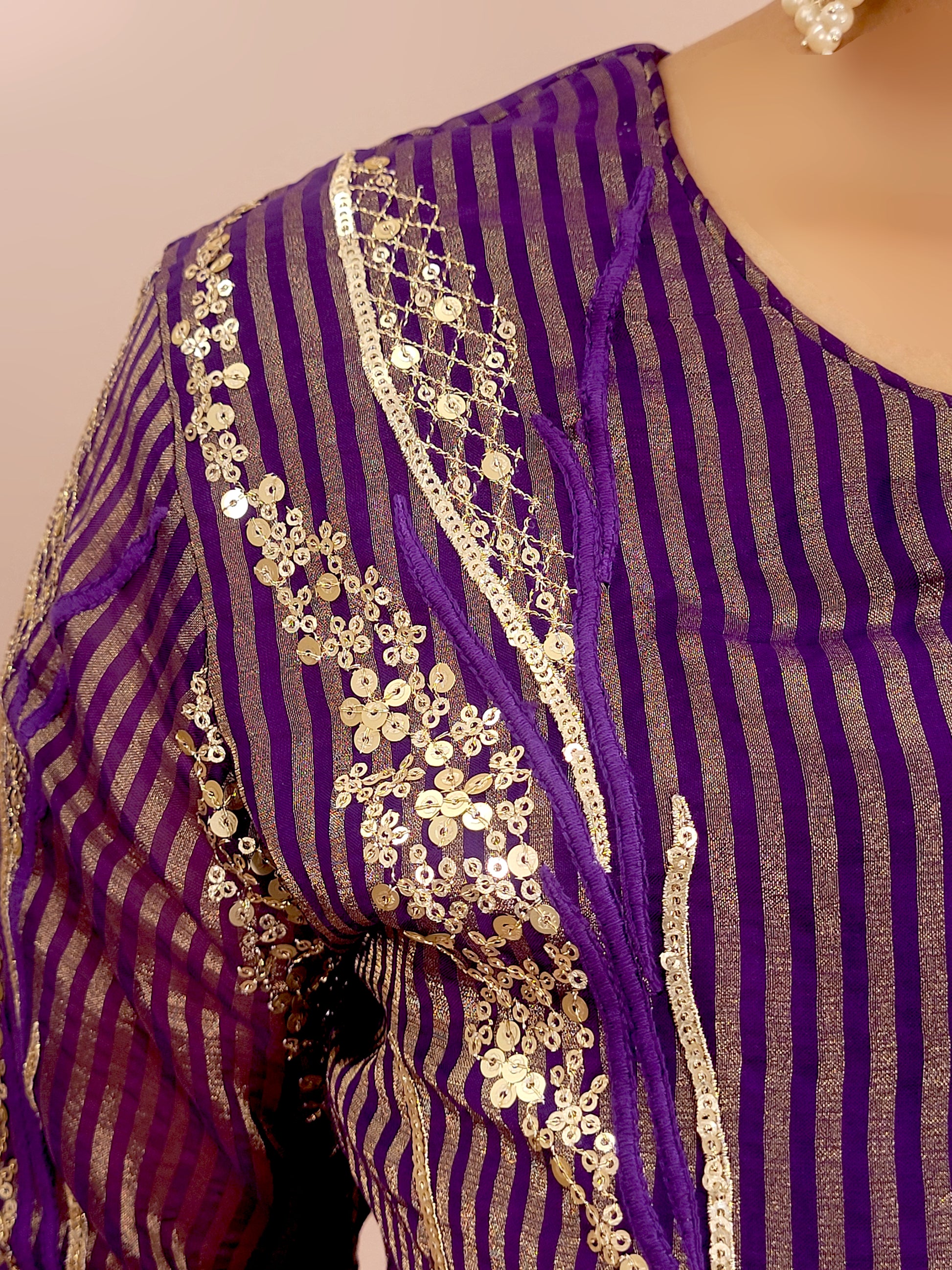 Purple Silk Sharara Suit. Zari, Resham and Sequins work on woven fabric.