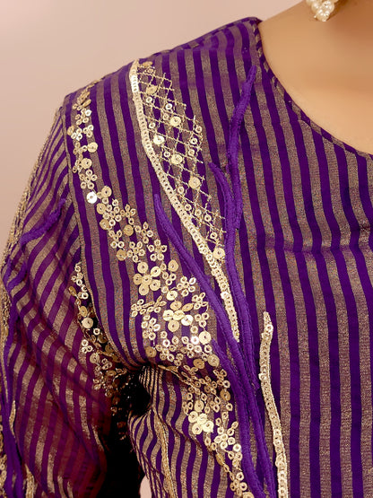 Purple Silk Sharara Suit. Zari, Resham and Sequins work on woven fabric.