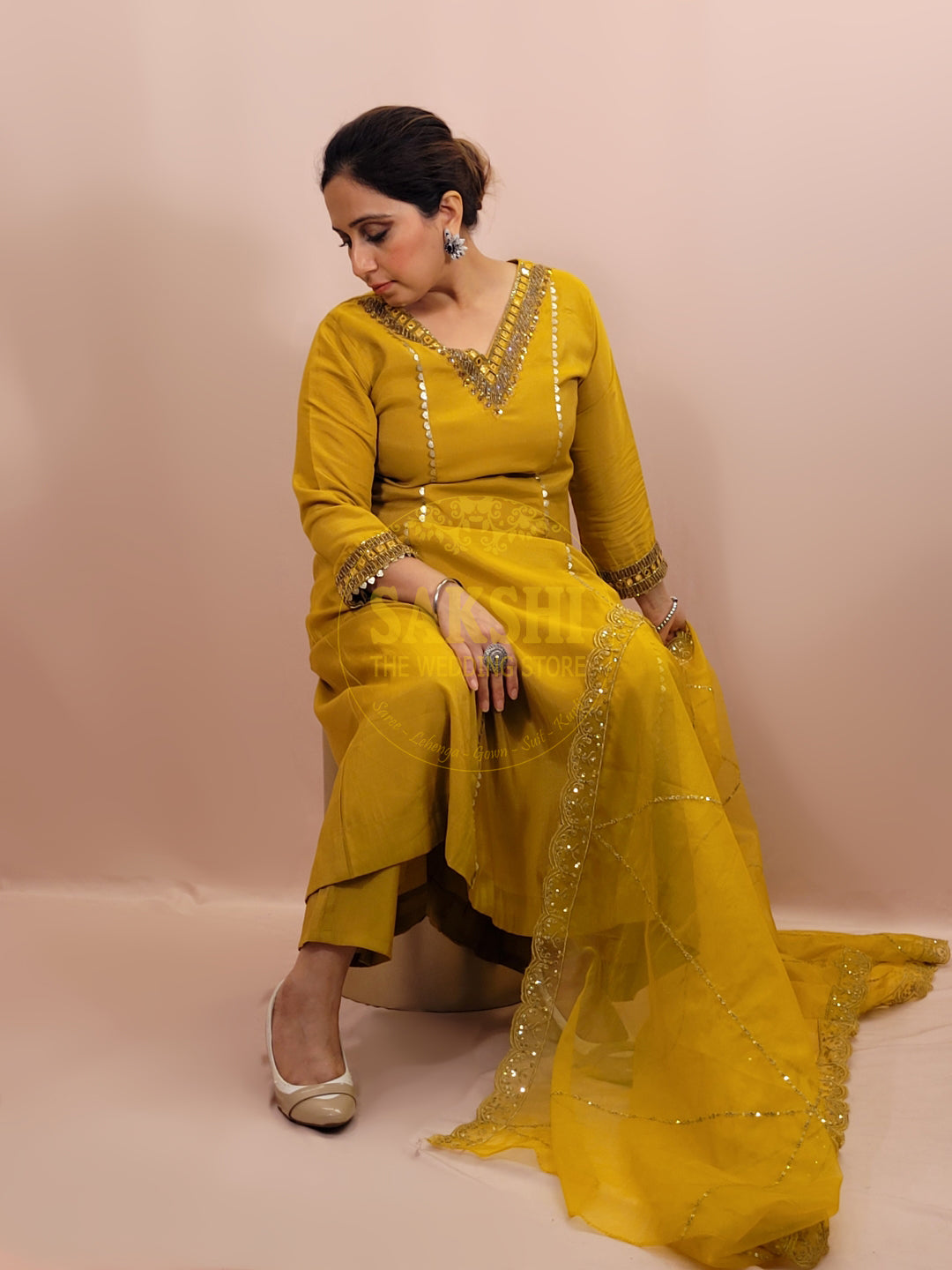 Mustard Yellow V Neck Muslin Suit