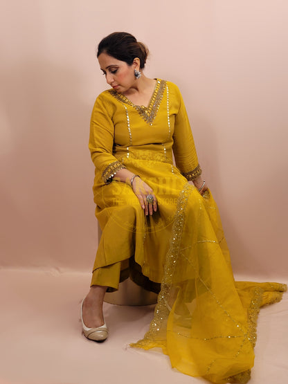 Mustard Yellow V Neck Muslin Suit