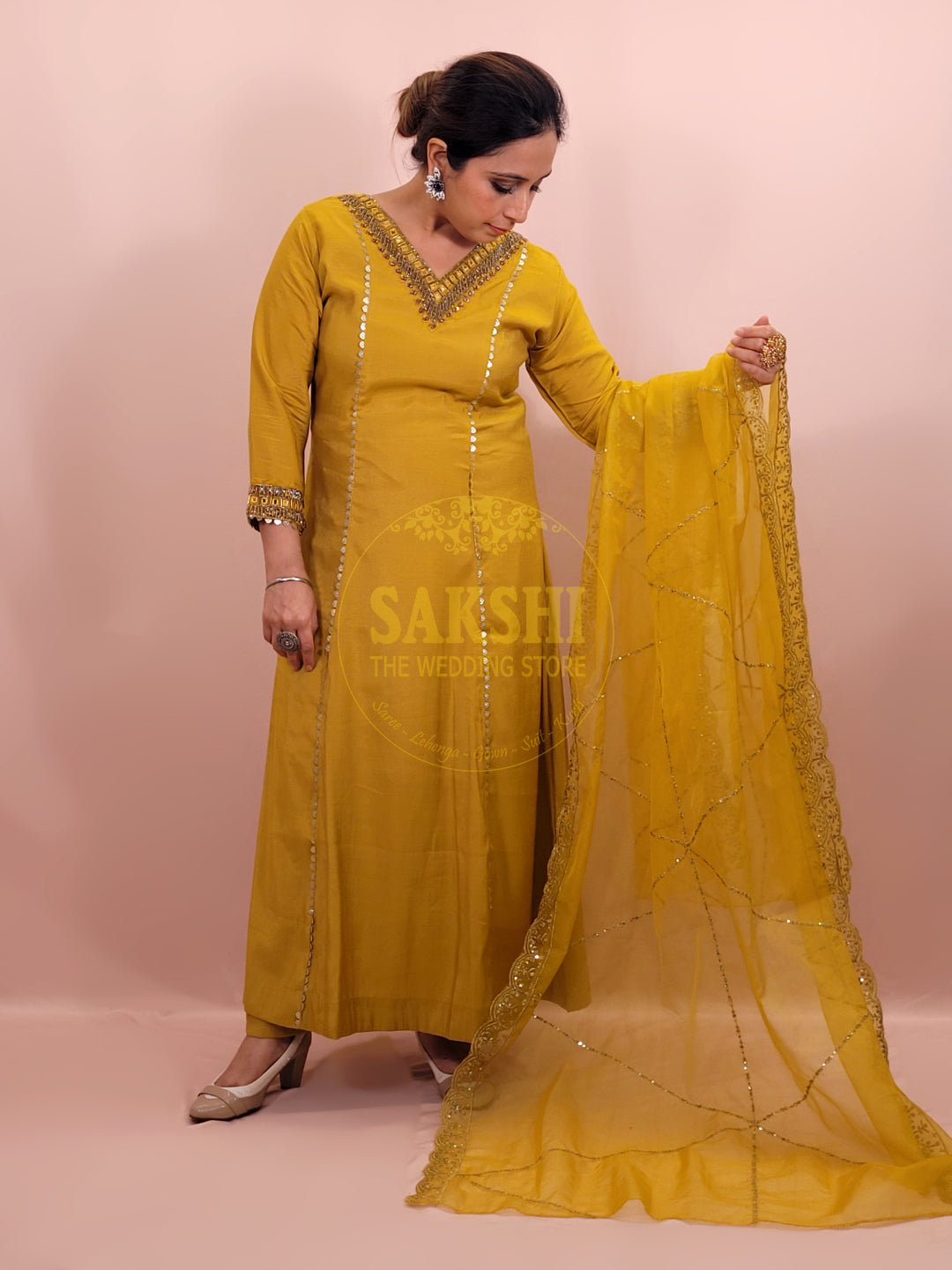 Mustard Yellow V Neck Muslin Suit
