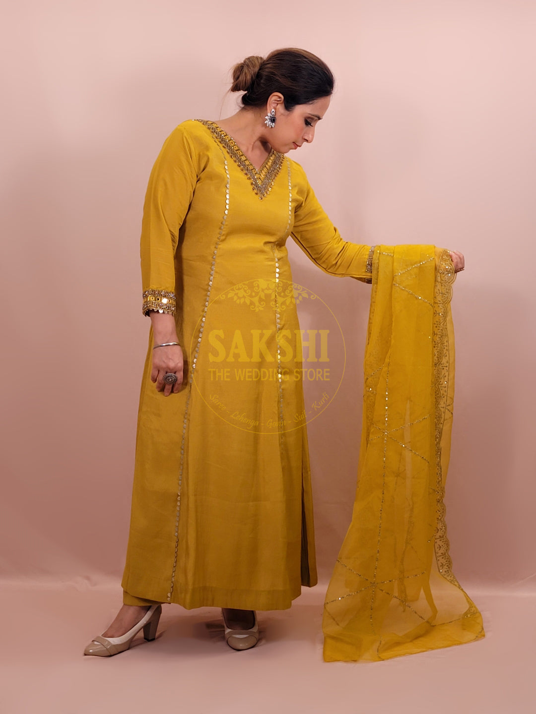 Mustard Yellow V Neck Muslin Suit