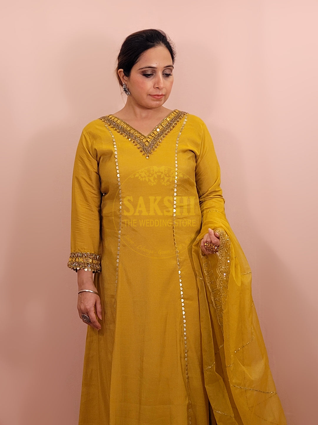 Mustard Yellow V Neck Muslin Suit