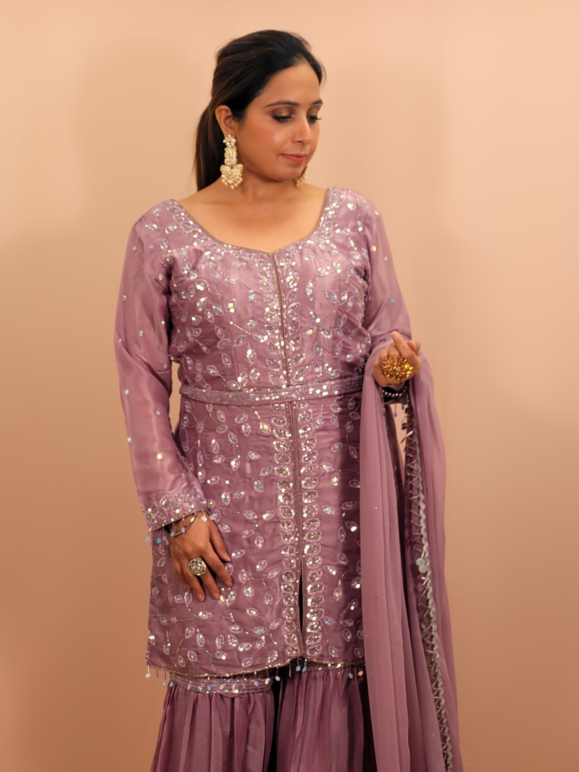 Lavender Tissue Indowestern Dress with Sharara, Sequins and Glass Bead Work. Handwork Belt included. Matching Dupatta with Heavy Lace.