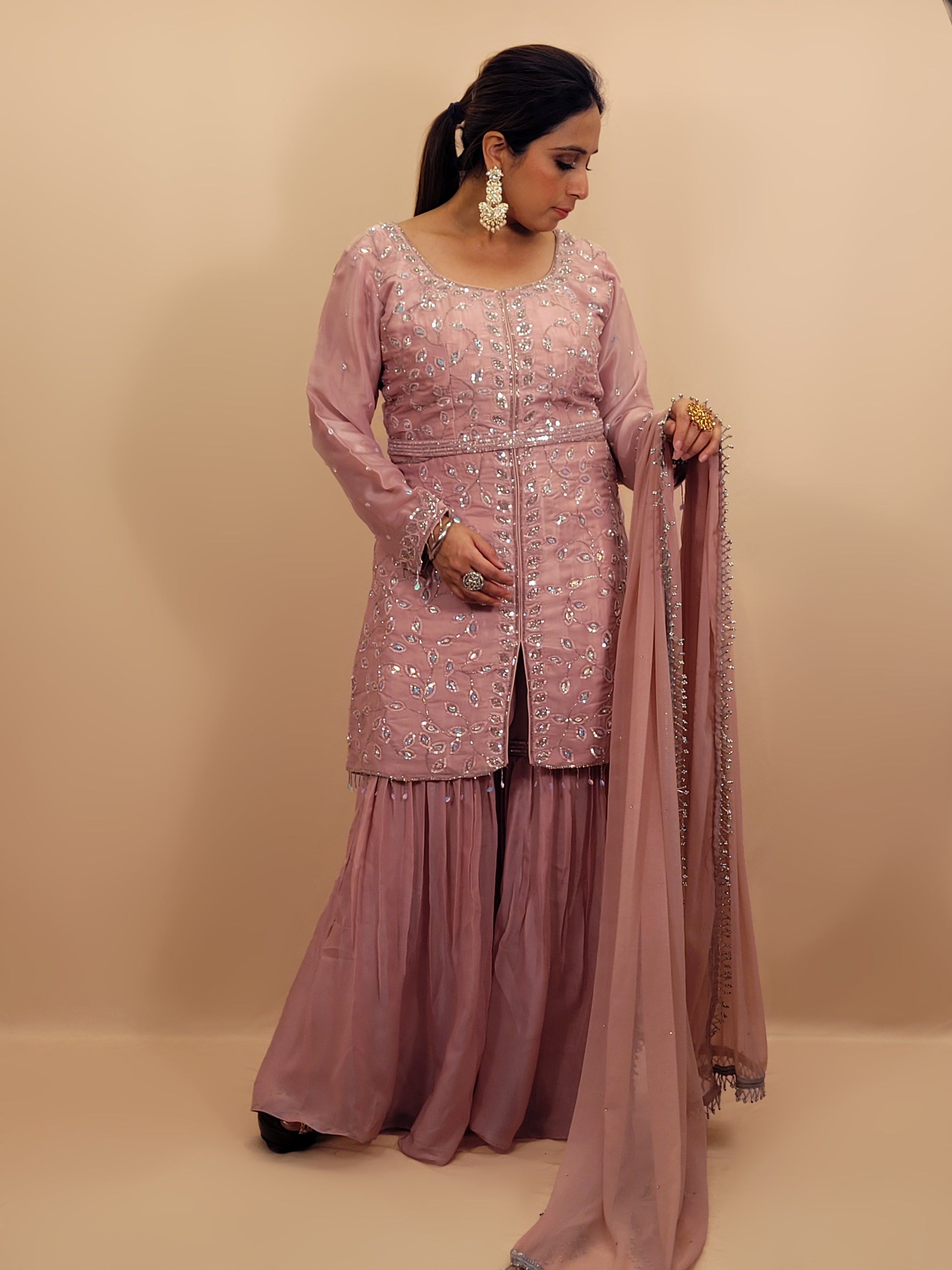 Lavender Tissue Indowestern Dress with Sharara, Sequins and Glass Bead Work. Handwork Belt included. Matching Dupatta with Heavy Lace.