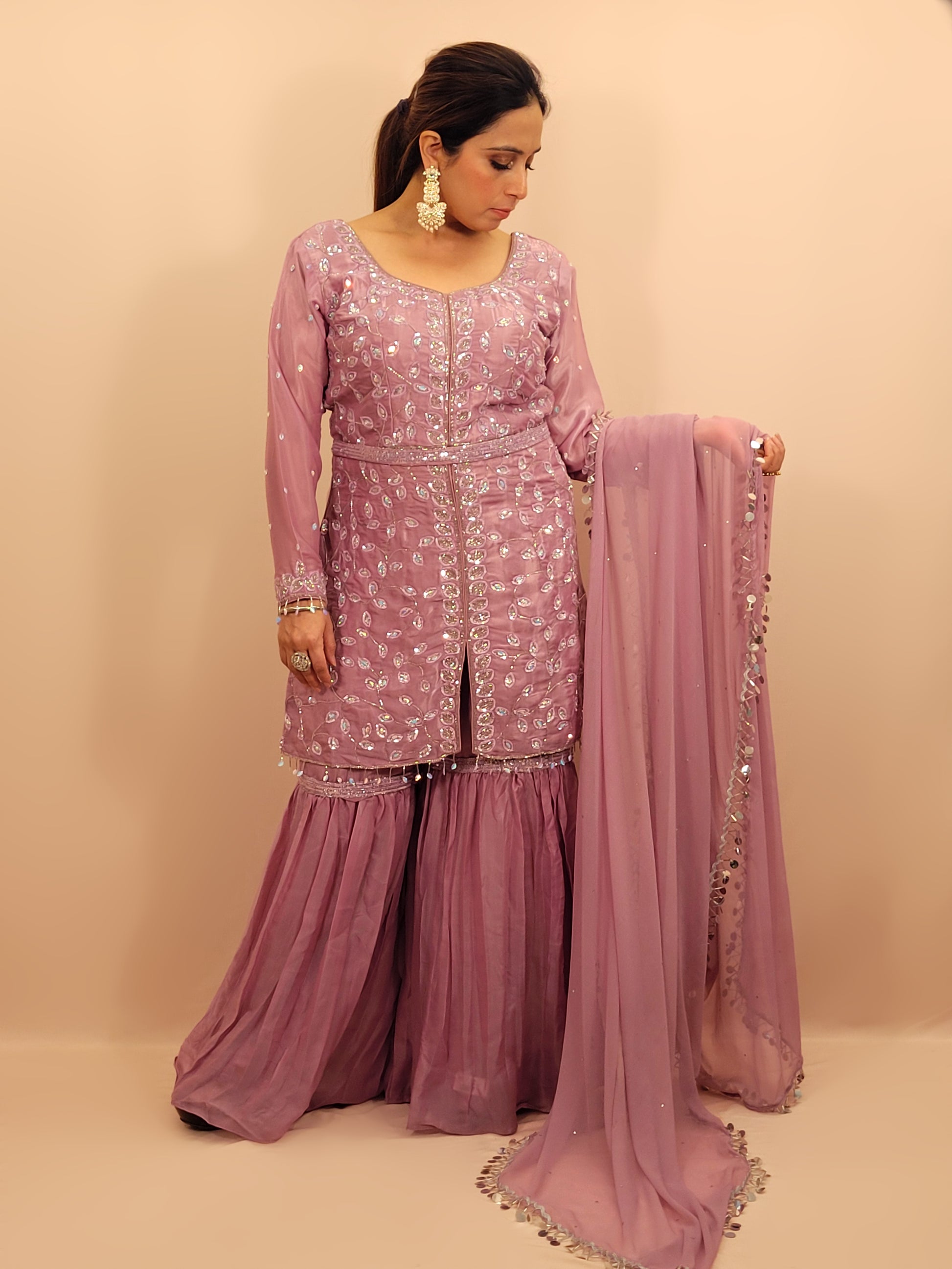 Lavender Tissue Indowestern Dress with Sharara, Sequins and Glass Bead Work. Handwork Belt included. Matching Dupatta with Heavy Lace.