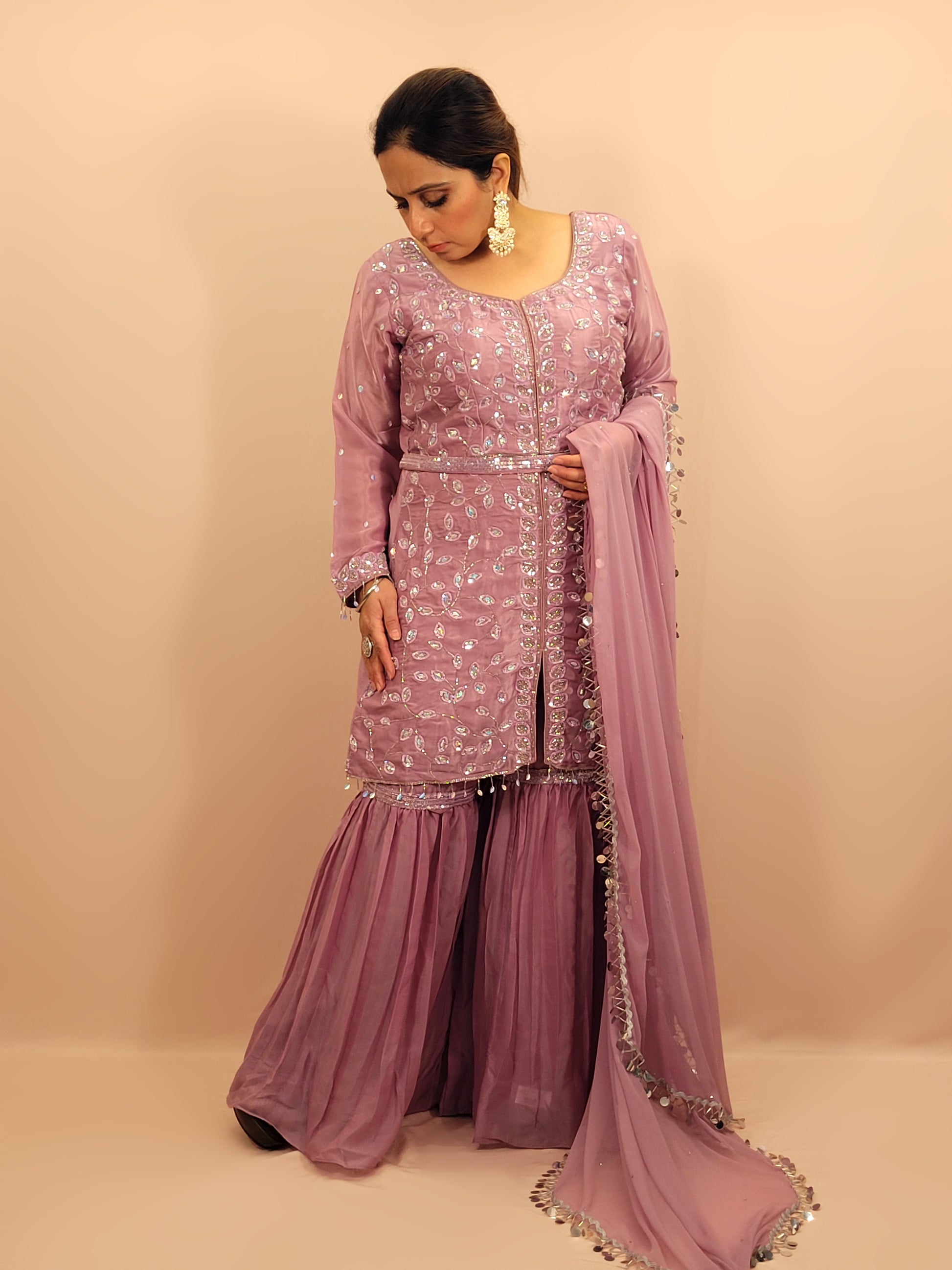 Lavender Tissue Indowestern Dress with Sharara, Sequins and Glass Bead Work. Handwork Belt included. Matching Dupatta with Heavy Lace.