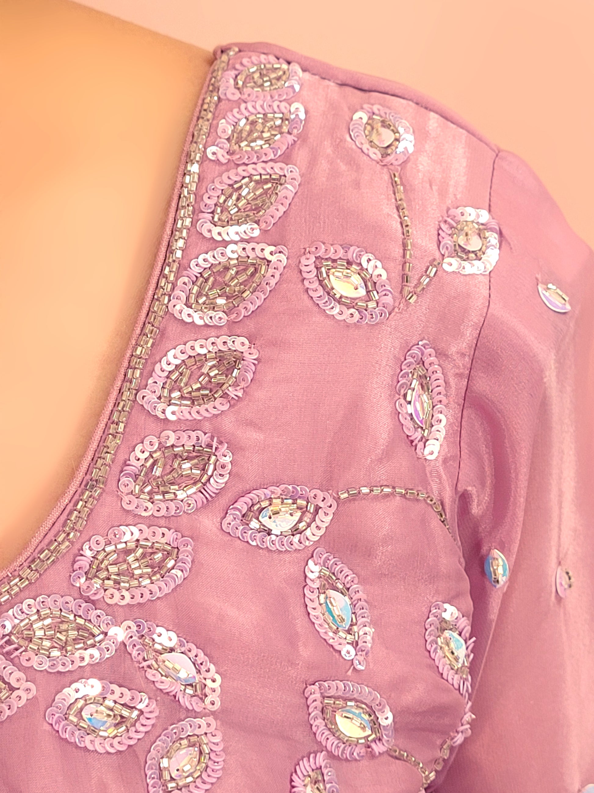 Lavender Tissue Indowestern Dress with Sharara, Sequins and Glass Bead Work. Handwork Belt included. Matching Dupatta with Heavy Lace.