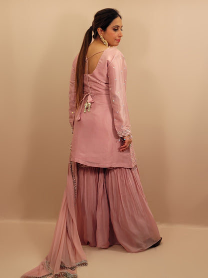 Pink Tissue Indowestern Dress with Sharara, Sequins and Glass Bead Work. Handwork Belt included. Matching Dupatta with Heavy Lace.