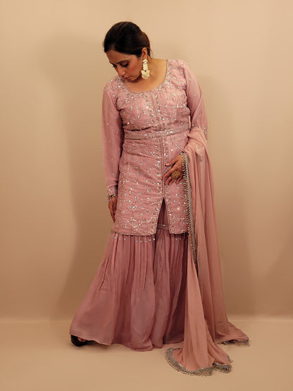 Pink Tissue Indowestern Dress with Sharara, Sequins and Glass Bead Work. Handwork Belt included. Matching Dupatta with Heavy Lace.