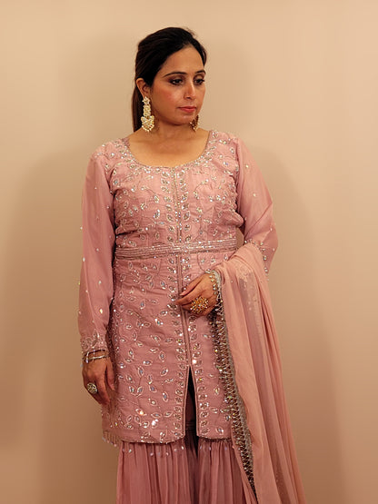 Pink Tissue Indowestern Dress with Sharara, Sequins and Glass Bead Work. Handwork Belt included. Matching Dupatta with Heavy Lace.