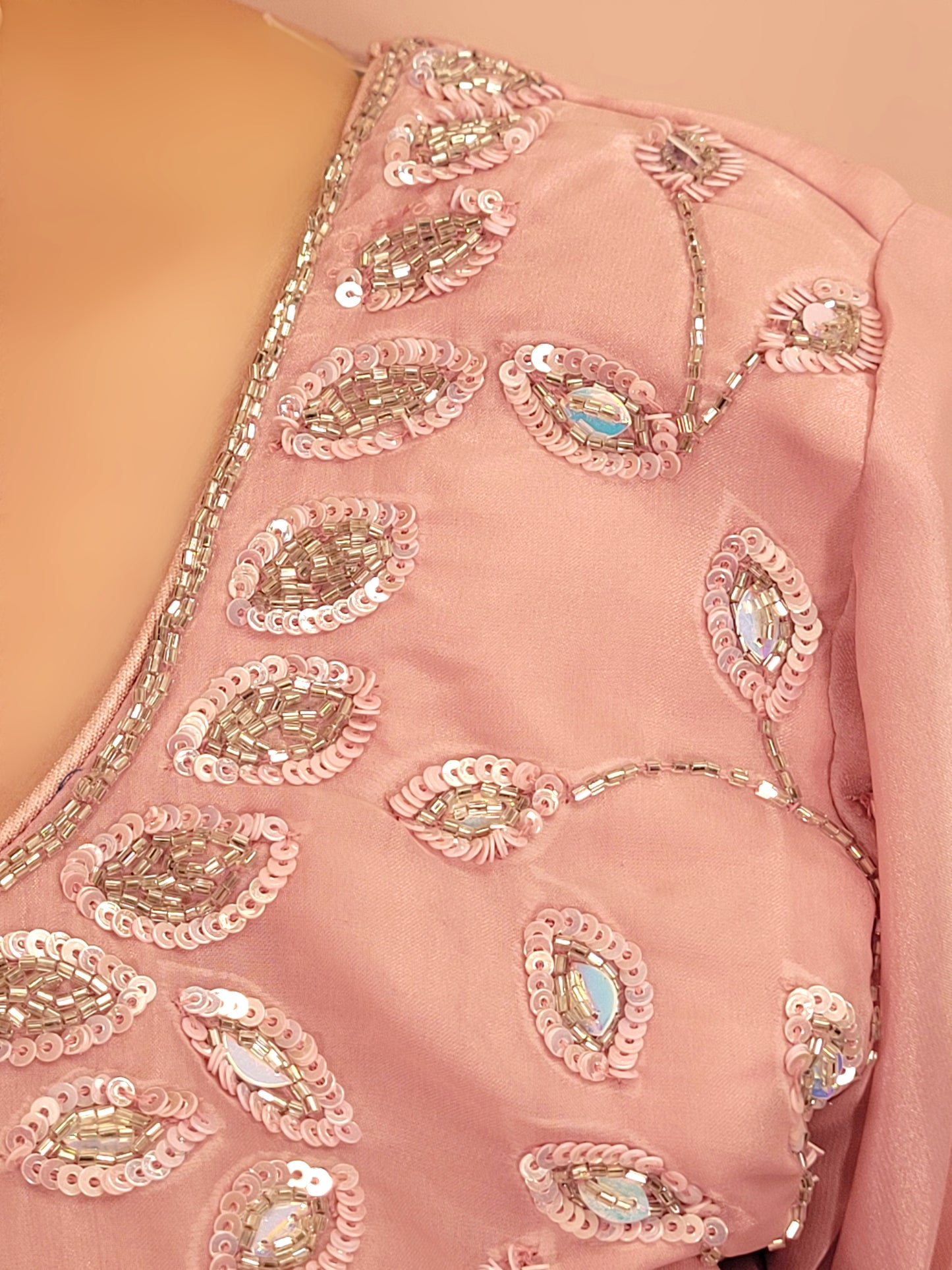 Pink Tissue Indowestern Dress with Sharara, Sequins and Glass Bead Work. Handwork Belt included. Matching Dupatta with Heavy Lace.
